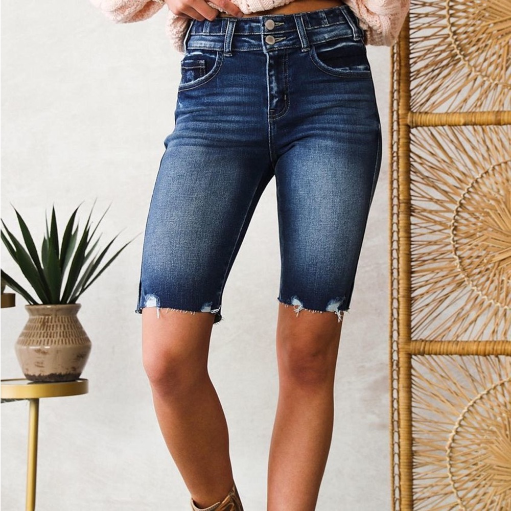 KanCan Dark Blue Distressed Denim Bermudas